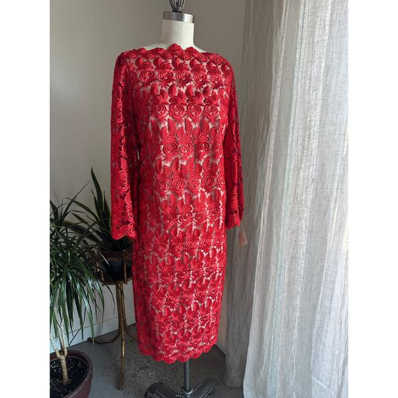 Vintage Women's Lg Chemise Red Floral Lace Overlay Long Sleeve Shift Dress 60s - Picture 1 of 3